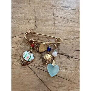 Gold Safety Pin Brooch With Heart Charms & Beads Floral Enamel Glass & Metal Acc